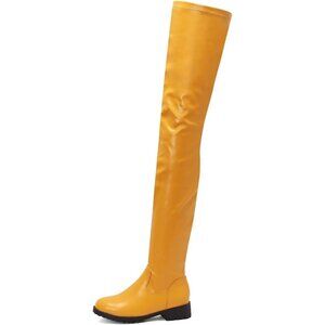 Women's Yellow Polyurethane Thigh High Over The Knee Rounded Toe Fashion Boots